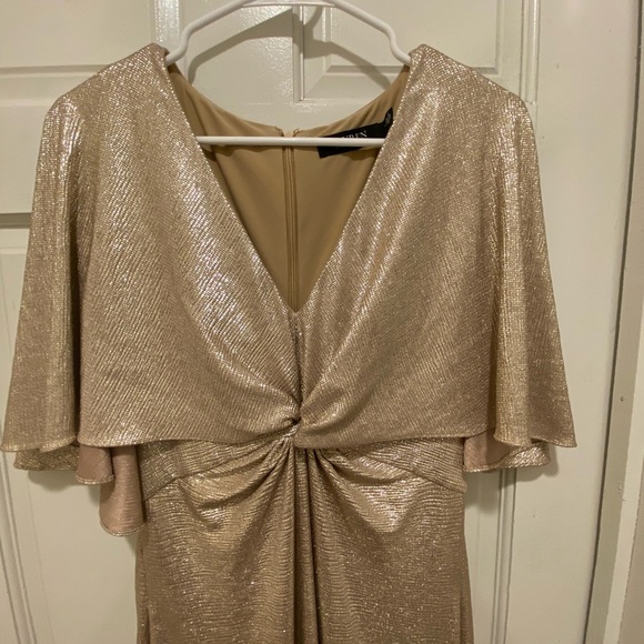 Ralph Lauren Gold Flutter Sleeve V-Neck Gown - Picture 11 of 12